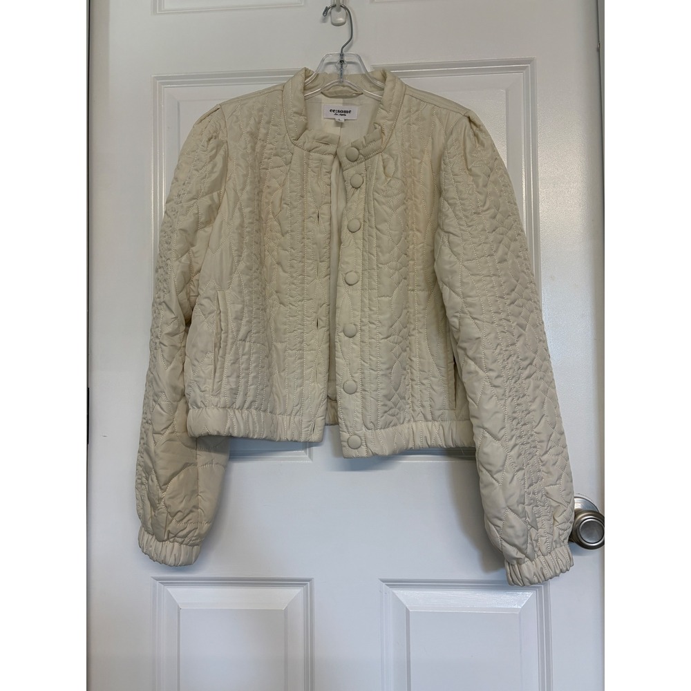ee:some Quilted Jacket Women S Cream Heart Pattern Puff Sleeve Cropped JG10632